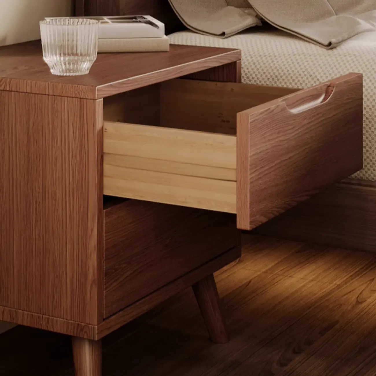 Traditional Wooden Nut-Brown Bedside Double Drawer Nightstand