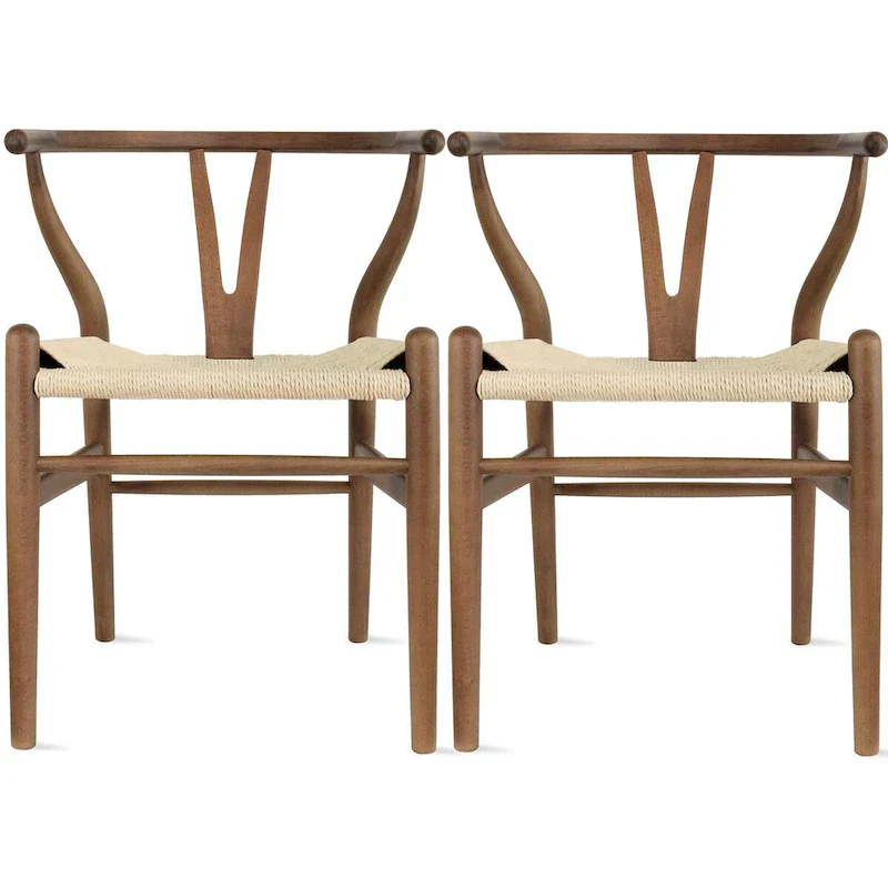Set of 2 Wood Dining Chairs with Woven Rope Seat