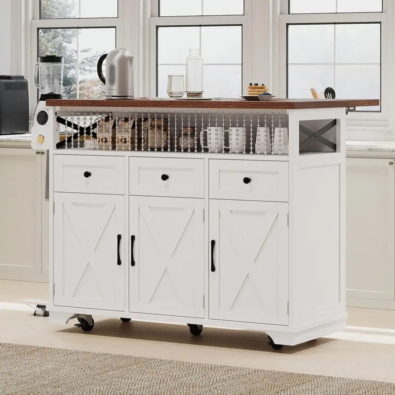 Farmhouse 46.5 Kitchen Island with Power Outlet, Rolling Kitchen Cart on Wheels with Drop Leaf