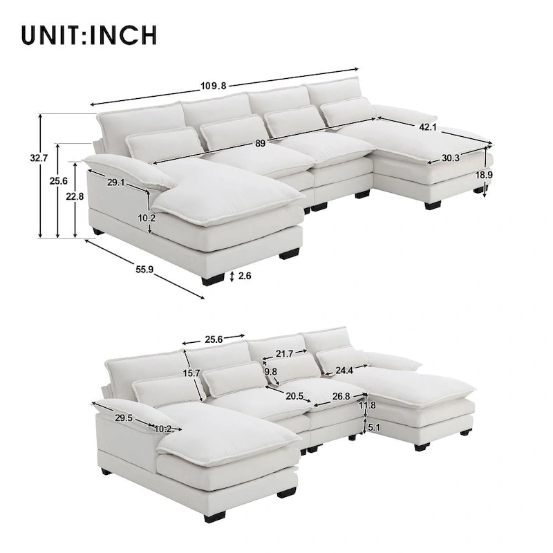 Modern U-shaped Sectional Sofa with Waist PillowsSleeper Sofa Couch with Chaise Lounge