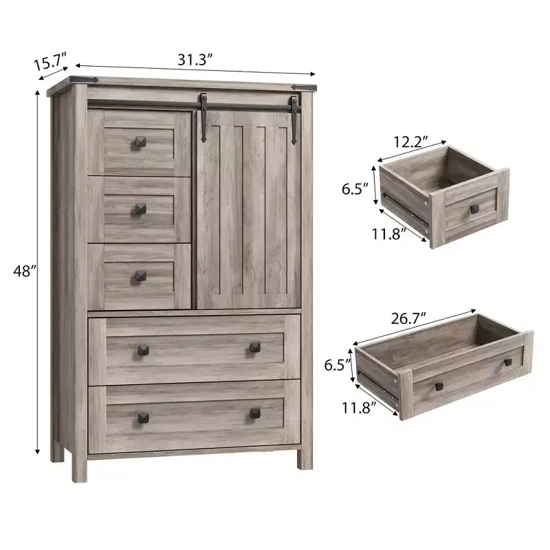 White 5-Drawer Tall Dresser with Sliding Barn Door, 1-Person Use