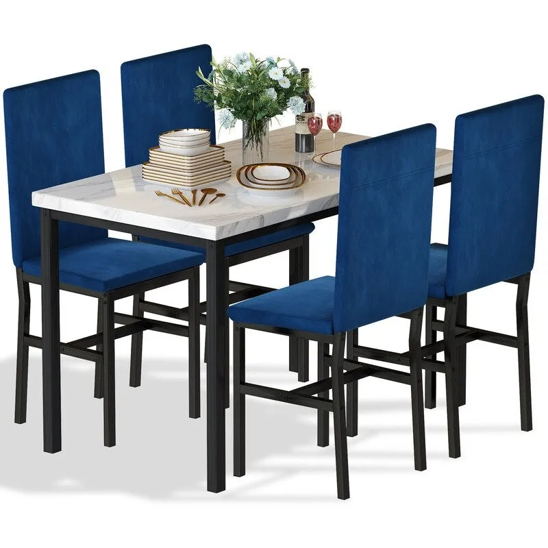 Grondin Modern Style Faux Marble Top 5-Piece Casual Dining Set with 4 Velvet Upholstered Dining Chairs