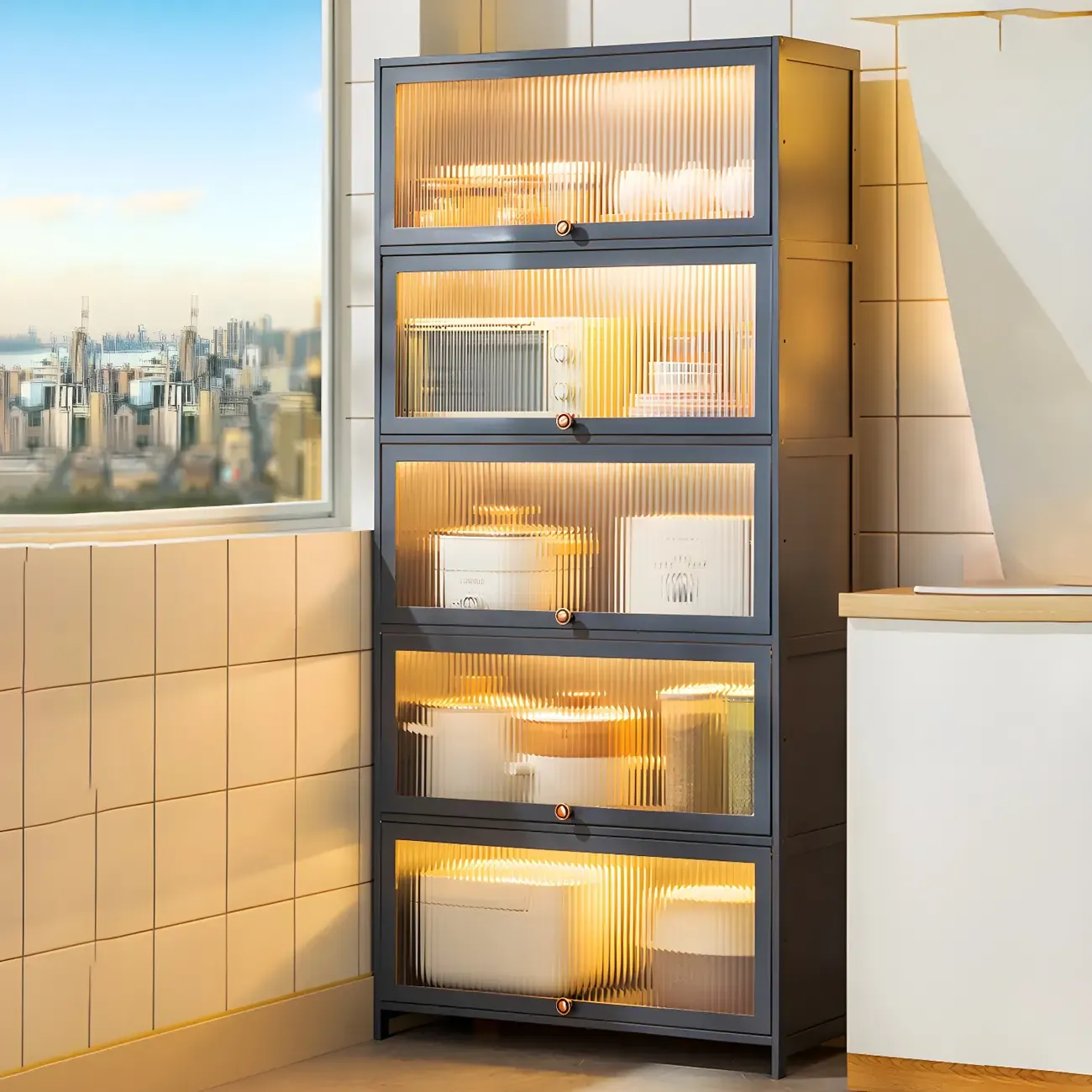 Modern Steel Grey Glass Door Kitchen China Cabinet