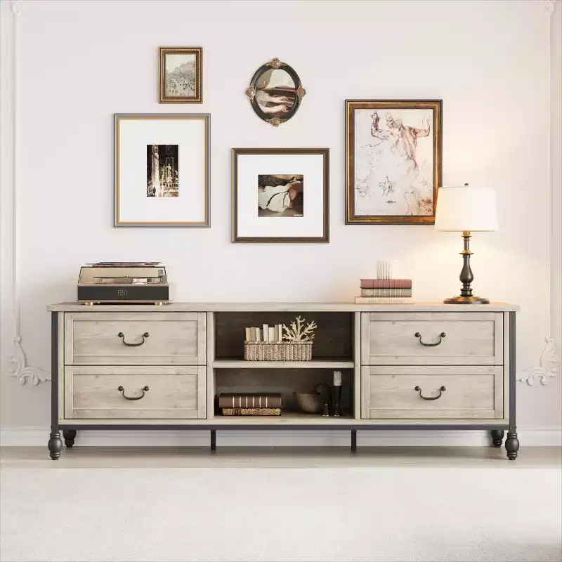 70 Inch Mid-Century Modern TV Stand with Storage, Entertainment Center Featuring Metal Roman Columns and Drawer, TV Console Table for Living Room