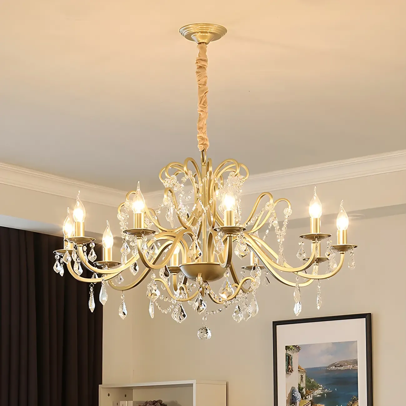 French Curved Arms Gold Crystal Candelabra Chandeliers