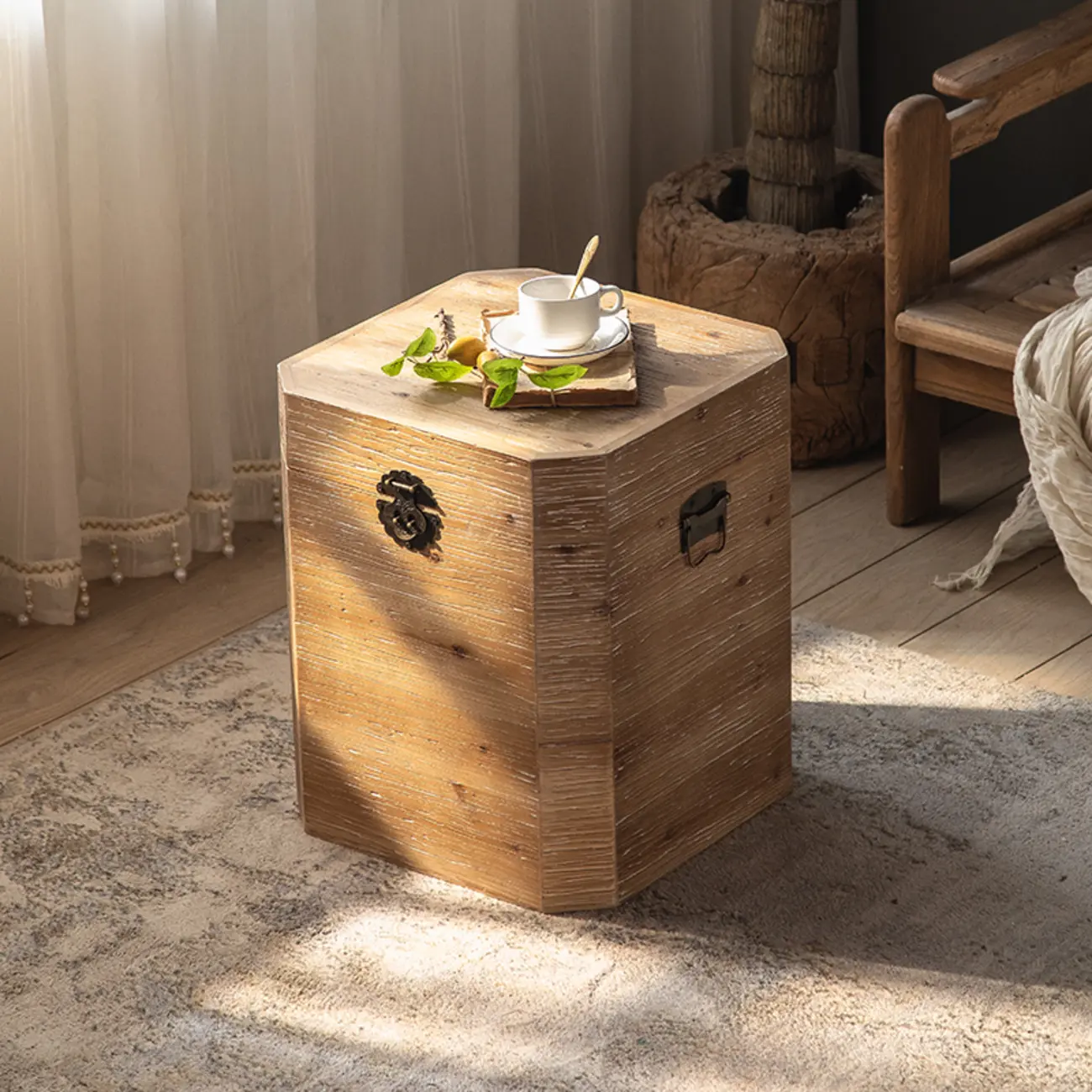 Natural Finish Square Rustic Wood End Table