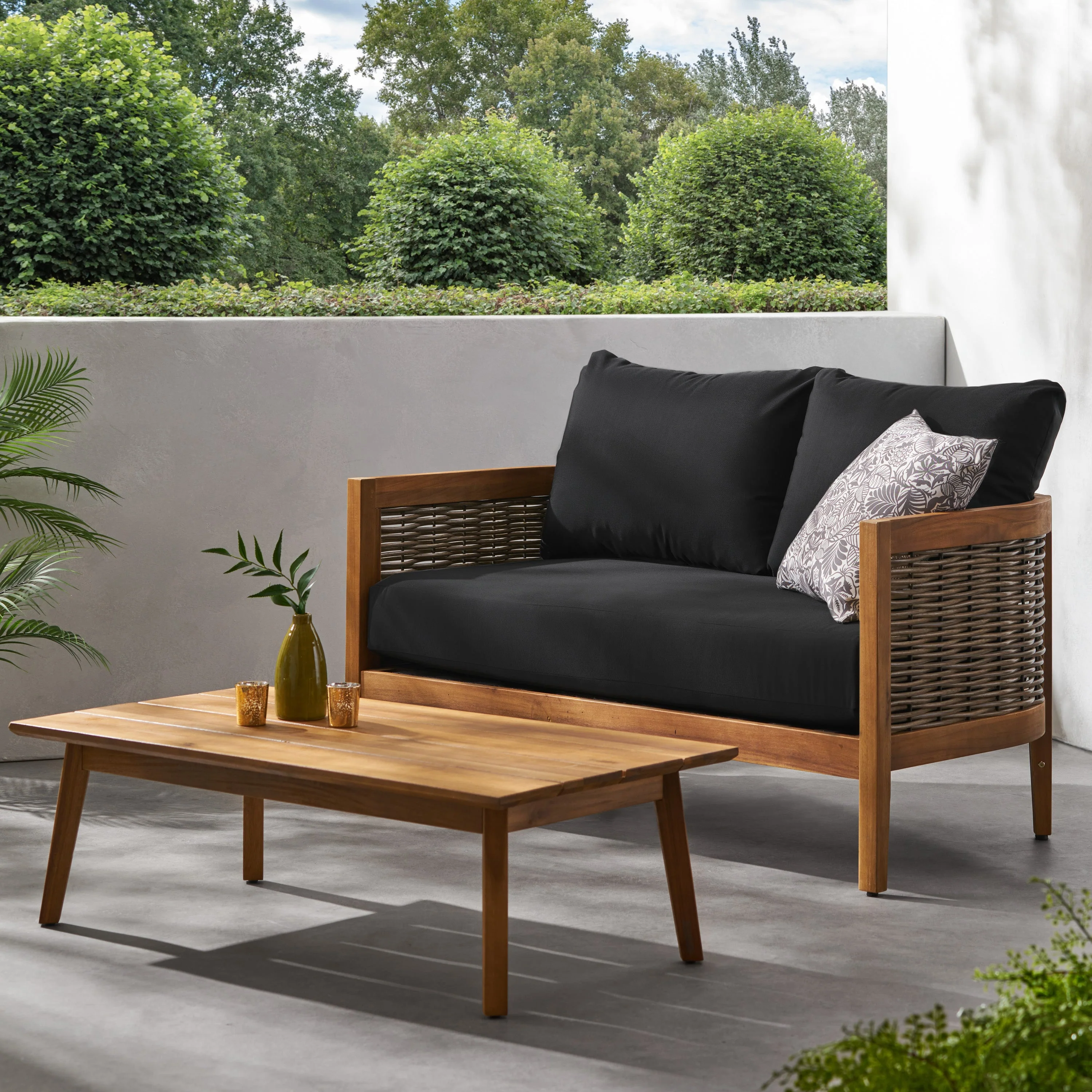 The Crowne Collection Outdoor Acacia Wood and Wicker Loveseat and Coffee Table Set with Sunbrella Cushions