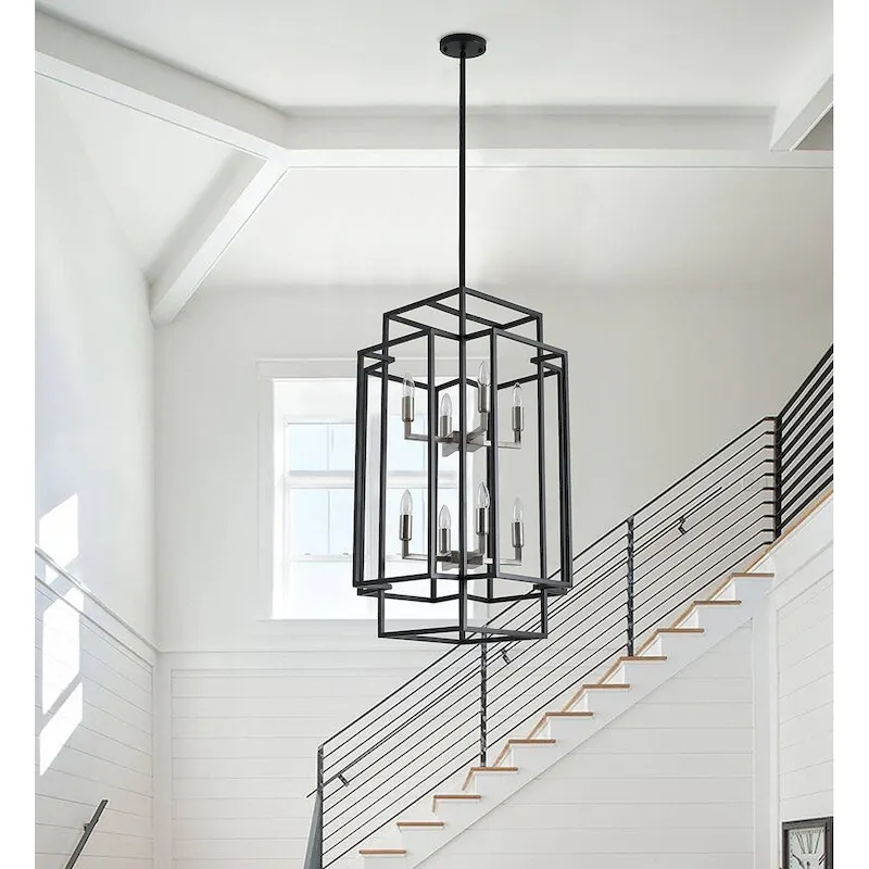 Black 8-Light Industrial Rectangle Iron Frame Pendant