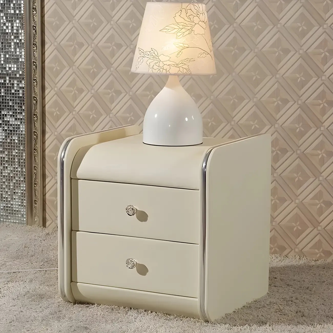 Luxurious Glossy Leather Wooden 2 Drawer Black Nightstand