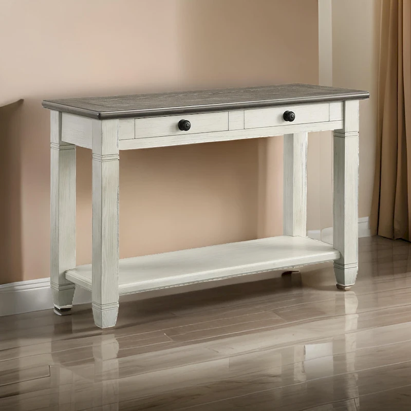 Rome 48 Inch Sofa Table, Rectangular, 2 Drawers, White, Brown, Solid Wood