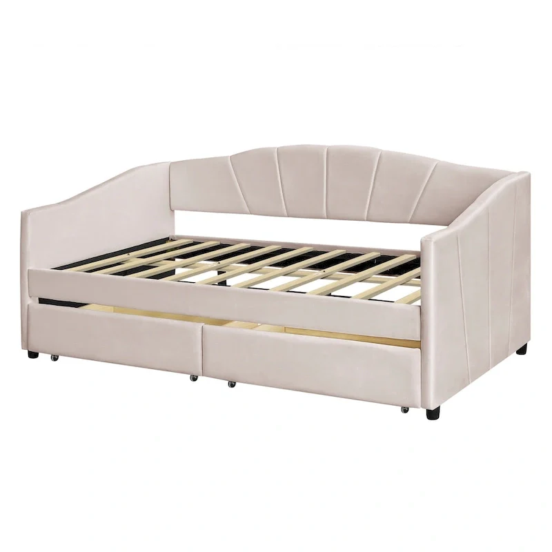 Twin Velvet Daybed with Drawers & Wood Slats