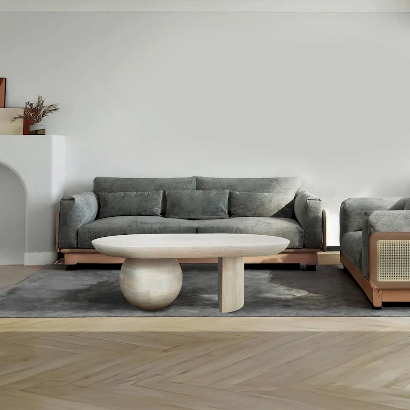 38 Inch Coffee Table, Oblong Mango Wood Top with a Modern Ball Leg