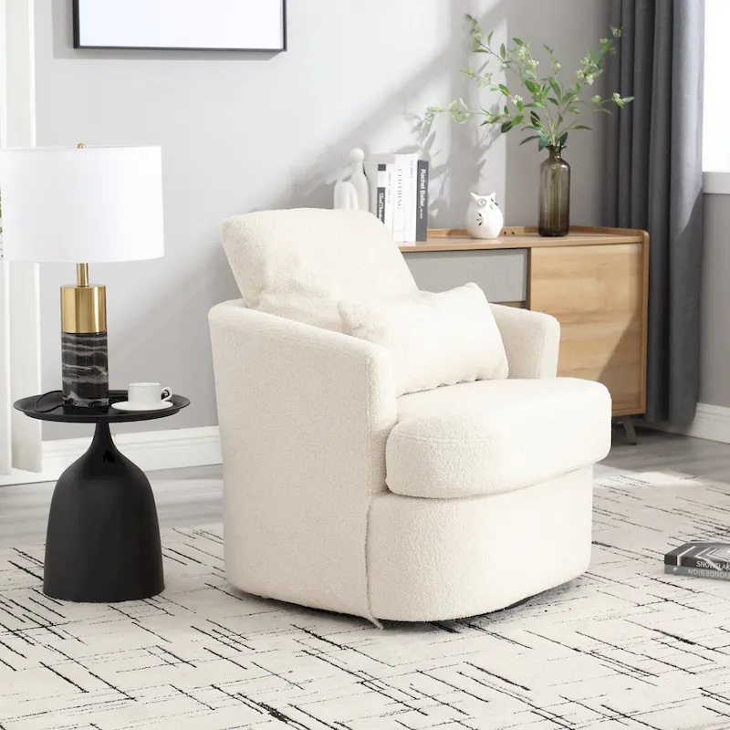 White Teddy 32.68 Upholstered 360 Swivel Barrel Chair with Metal Base