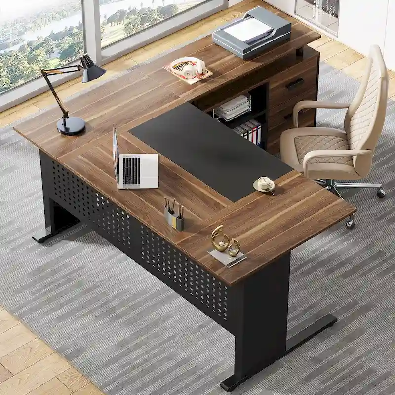 Executive Desk, Large Computer Desk with File Cabinet