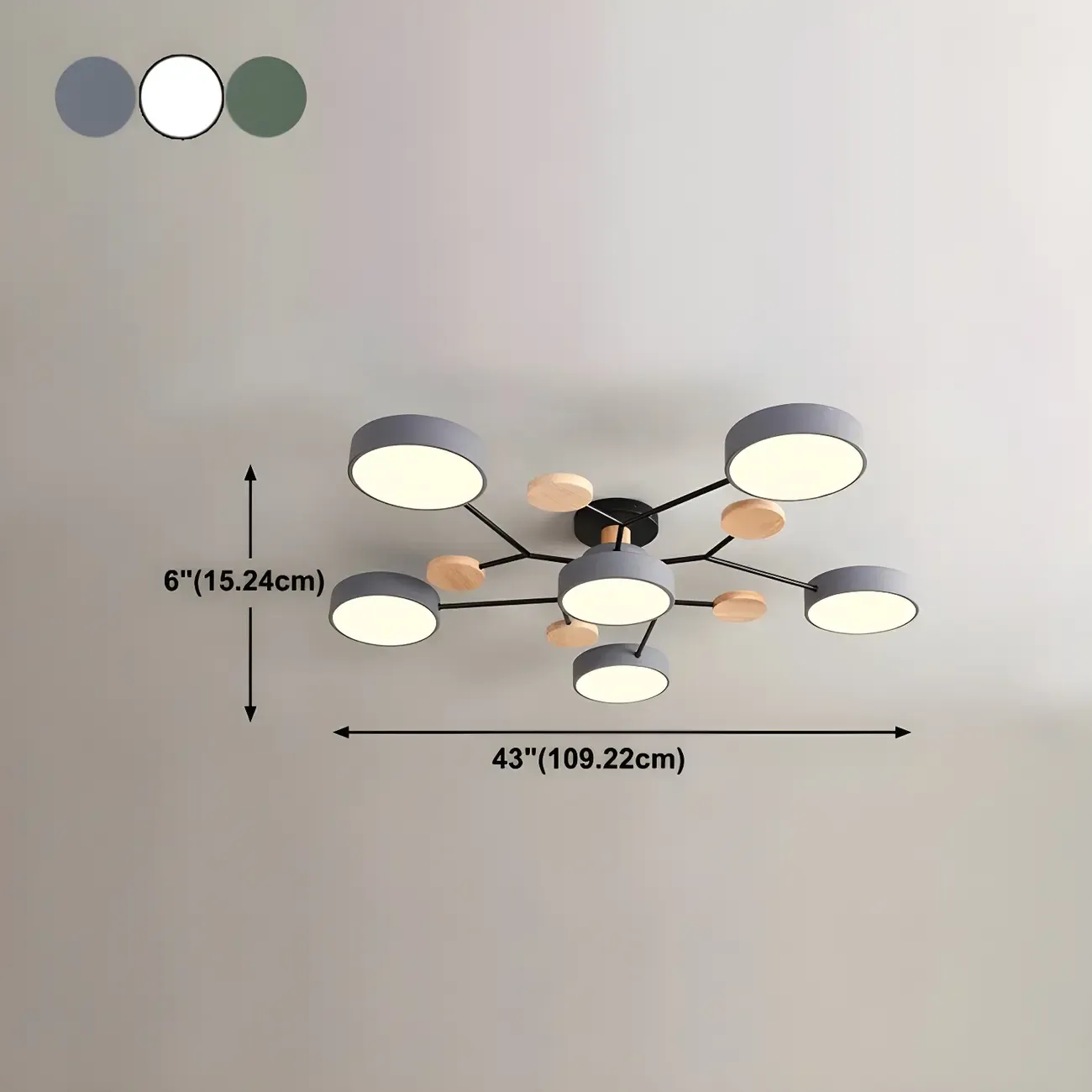 Large Gray Round Metal Semi-Flush Ceiling Light, 7-Light