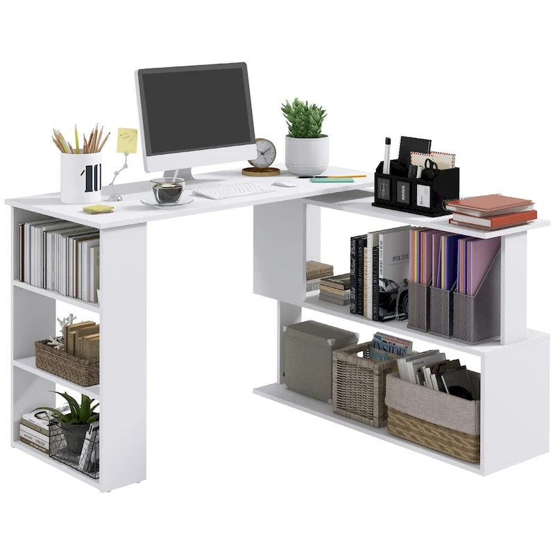 L Shaped Corner Desk, 360 Degree Rotating Home Office Desk with Storage Shelves, Writing Table Workstation
