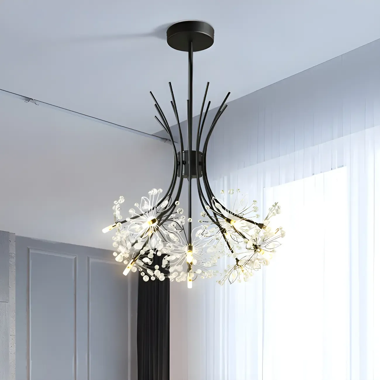 Modern Black Metal Floral Crystal Bouquet LED Chandelier