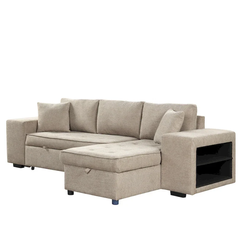 Roomfitters 3-Seater Modern L-Shape Reversible Sectional Couch, Pull-Out Sleeper Sofa with Storage Chaise and Two Stools