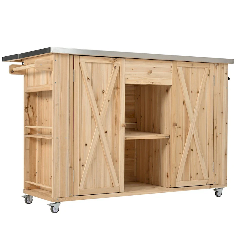 Outdoor Kitchen Island, Rustic Fir Wood with Stainless Steel Top and Smart Storage