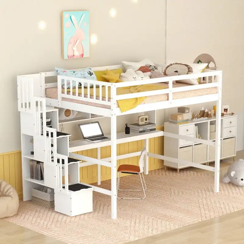Wood Loft Bed with Built-in Desk,Bookshelves and Storage Staircase,Full Size