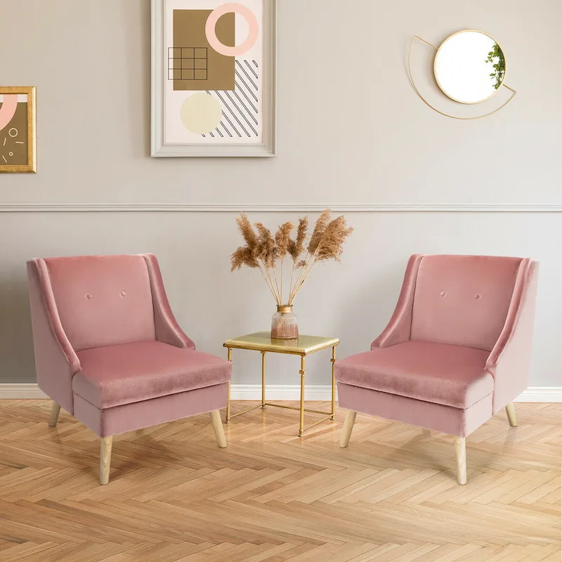 Gymax Set of 2 Swoop Arm Accent Chair Modern Velvet Chair w/ Rubber - See Details