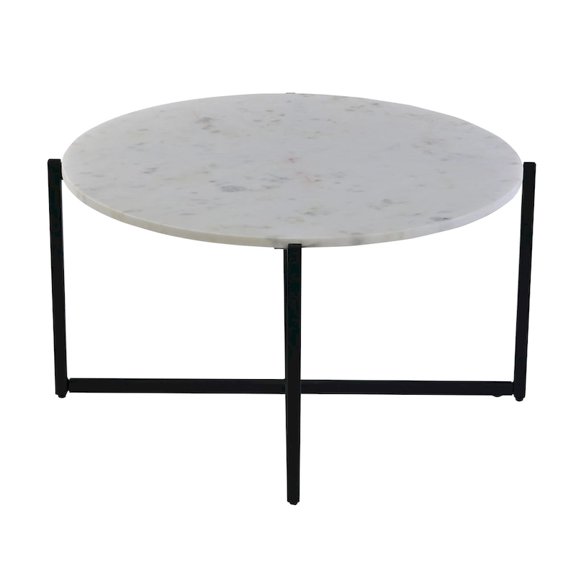 Ivy 30 Inch Marble Top Round Coffee Table with Metal Frame, White and Black
