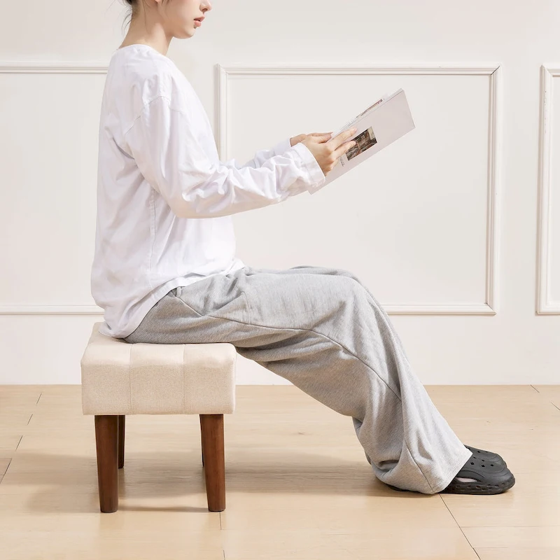 2 Pcs Small Foot Stool Ottoman, Linen Ottoman Foot Rest with Legs, Rectangle Upholstered Footrest