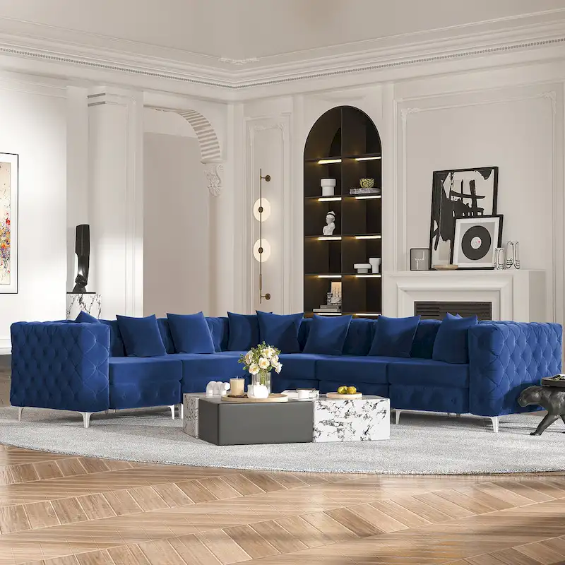 Large L-Shaped Modular Sofa, 6-Seat Velvet Sectional Couch