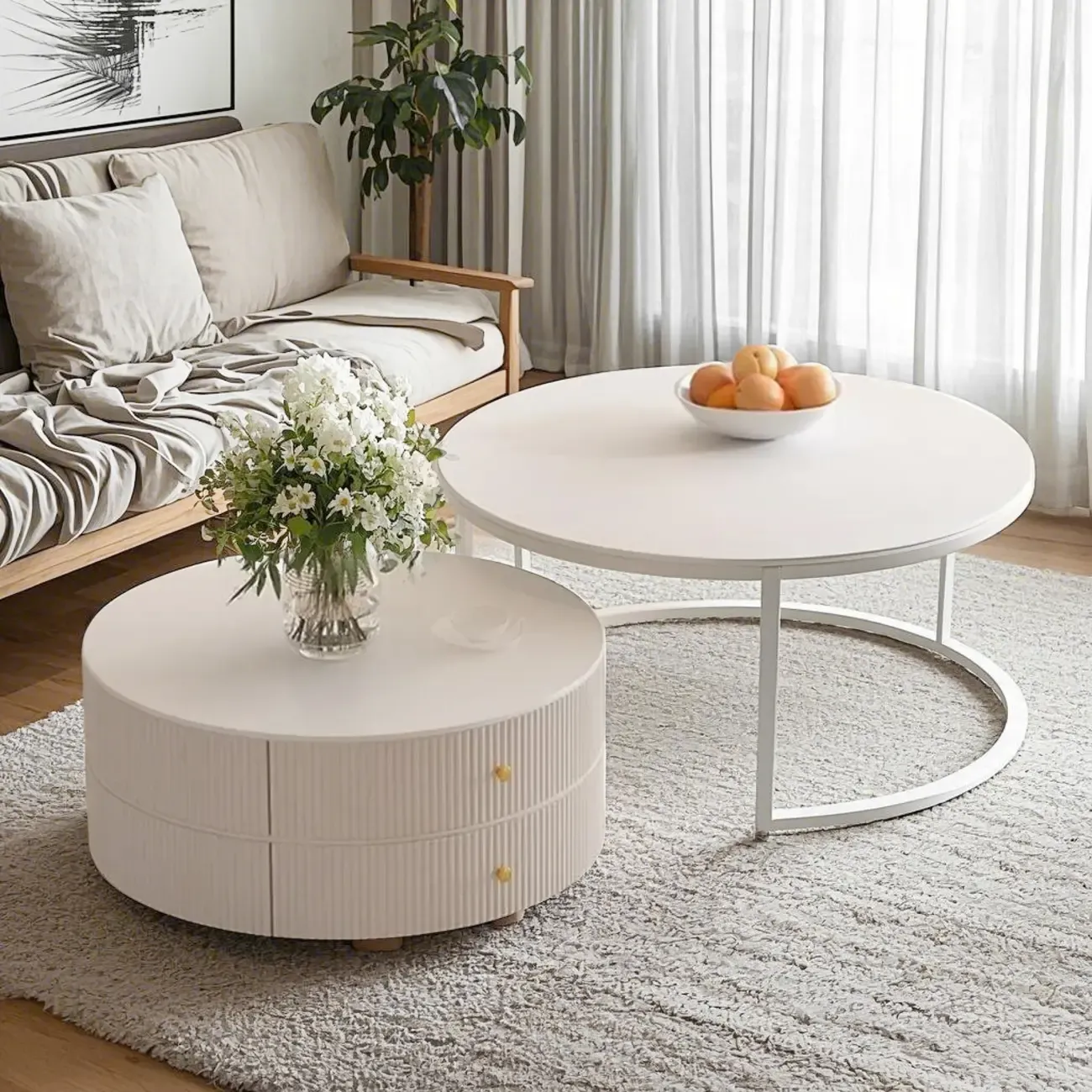 White Round Wheeled Round Wood Drawer Coffee Table