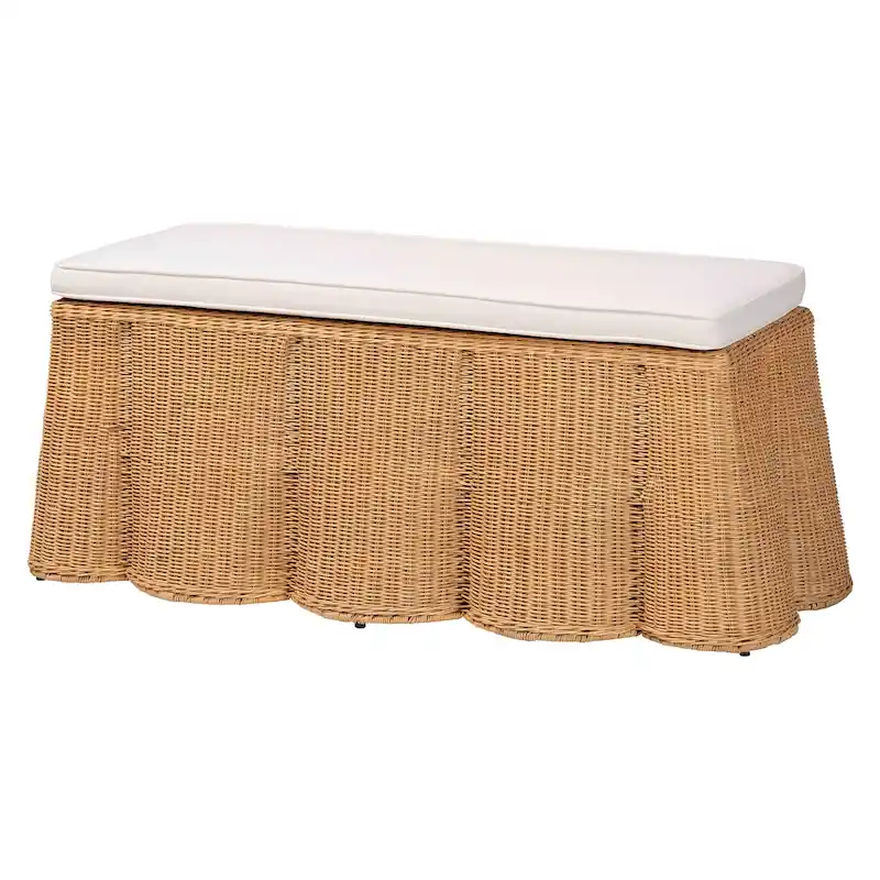Palm Scallop Natural Rattan Ottoman with Cushion - Handwoven Wicker Bench for Living Room or Bedroom, Coastal Boho, Rectangle