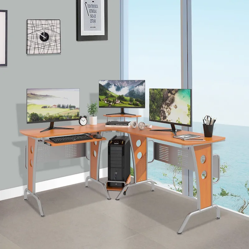 HOMCOM L-Shaped Corner Computer Office Desk Workstation with Elevated Shelf, Rolling Keyboard Tray, & Convenient CPU Stand