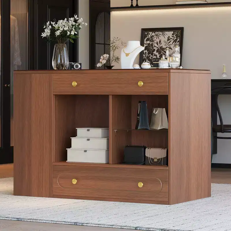 Whisen Closet Island with 6 Drawers, Glass Display Top and Open Shelves, Compartments