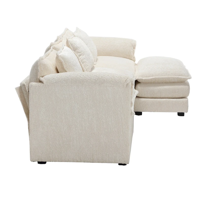 Beige 112.2 L-Shape 4-Seater Sectional Sofa in Modern Boucle Fabric with Removable Cushions and Detachable Armrests