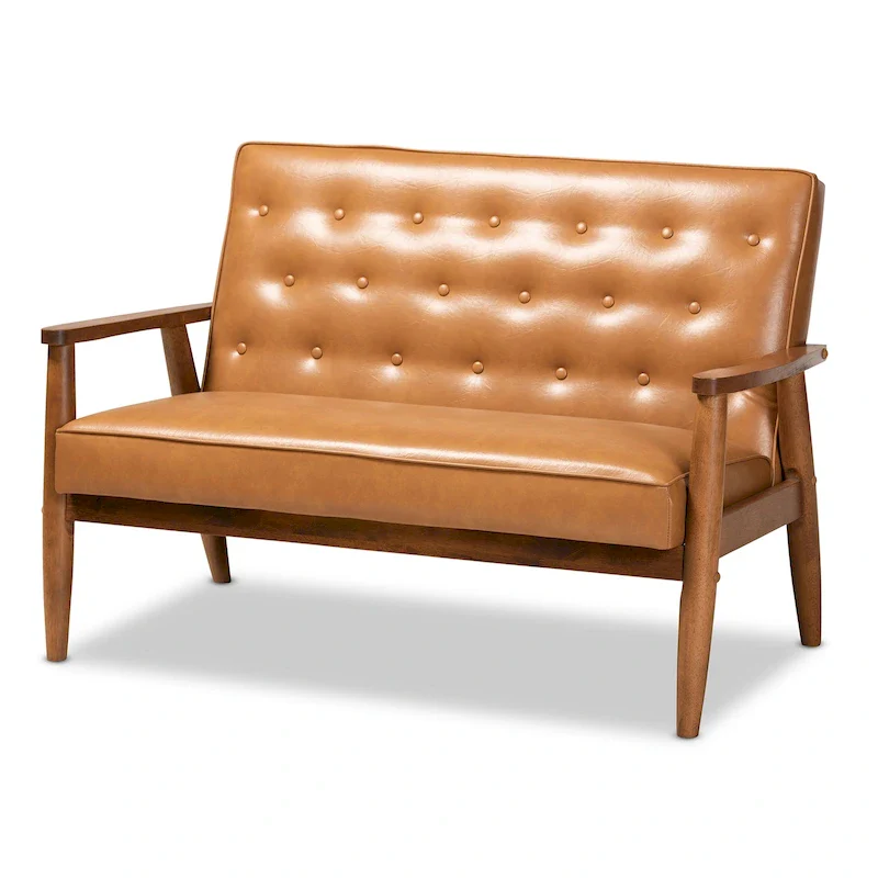 Sorrento Tan Faux Leather and Walnut Finished Wood Loveseat