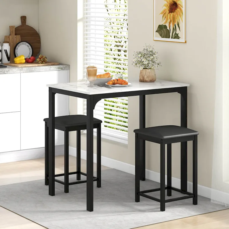 Costway 3 Piece Counter Height Dining Set Faux Marble Table 2 Chairs