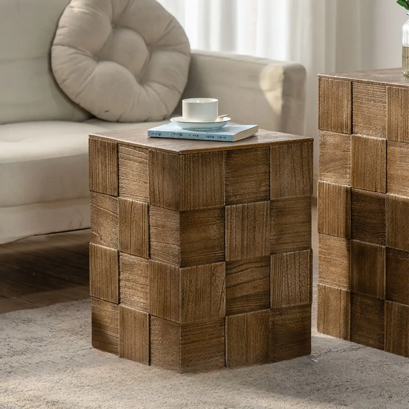 Rectangle Wood Drum End Table with Storage for Living Room