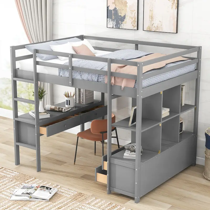 Pine Loft Bed with Built-in Desk & Drawers