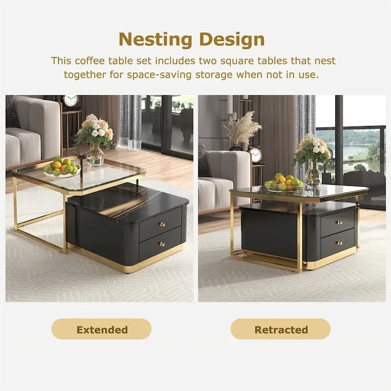 2 Pieces Nesting Coffee Table w/ Drawers & Electroplated Gold Legs