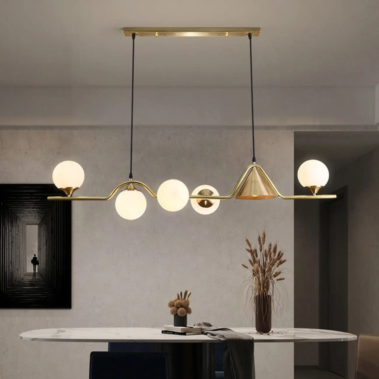 Dining Area Modern Brass Glass LED Island Pendant Light