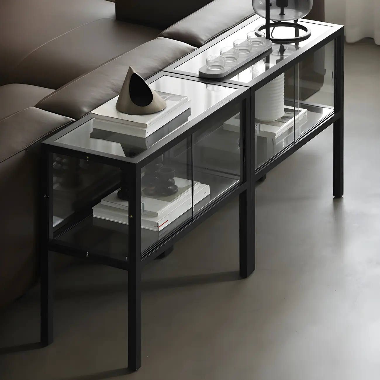 Modern Black Glass Display Cabinet with Metal Frame