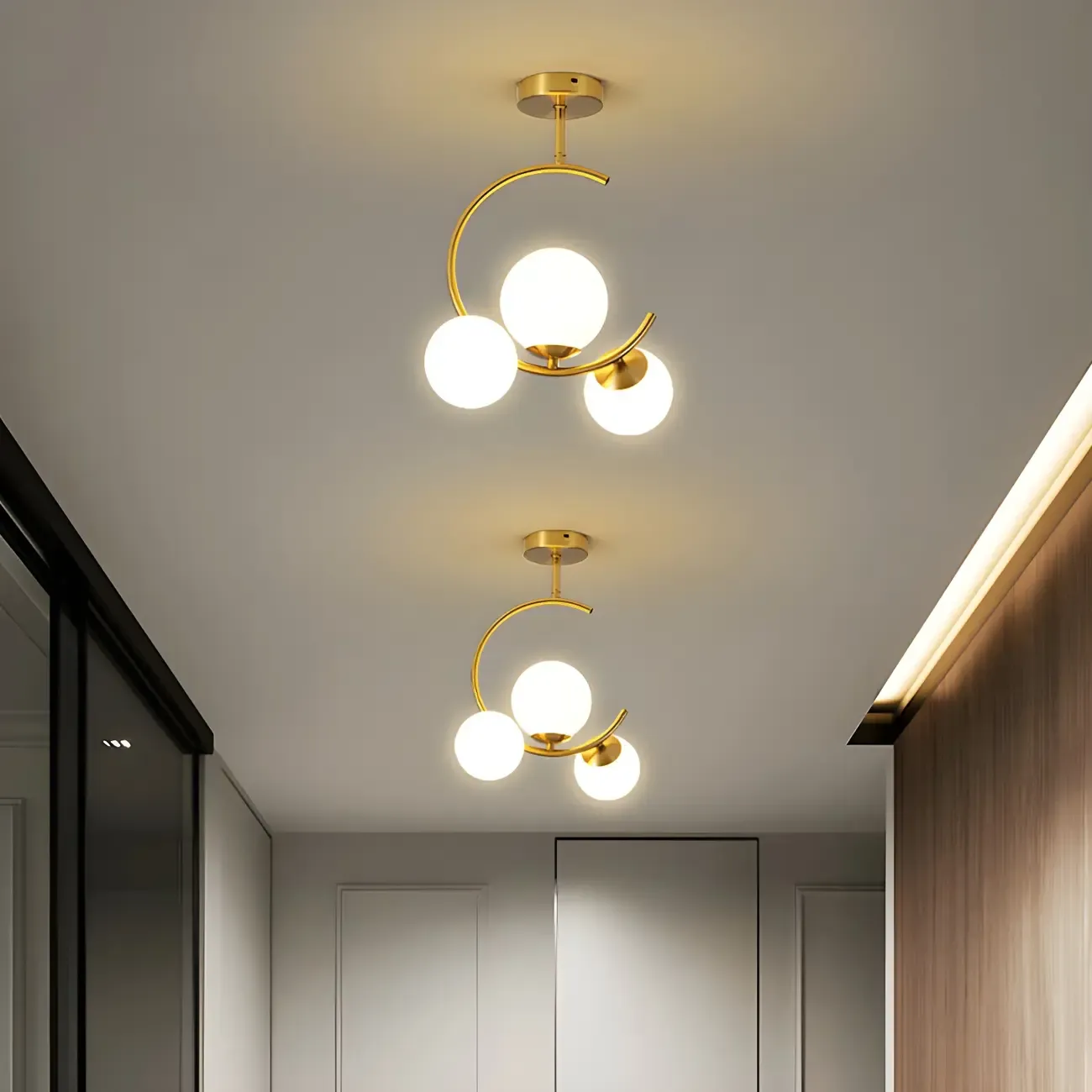 Modern Globe Glass Metal Gold Semi Flush Ceiling Light