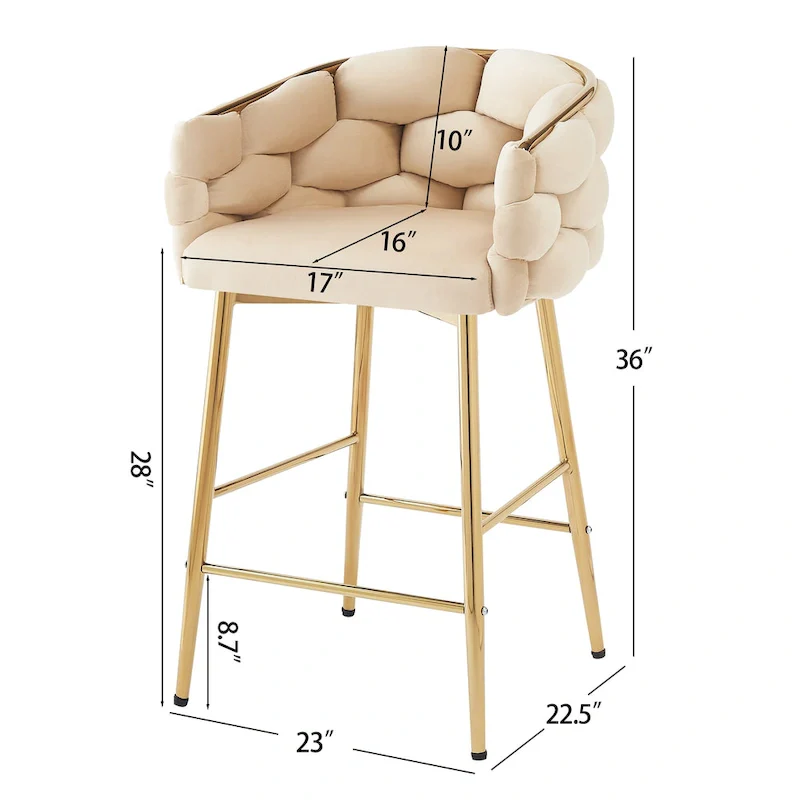 Set of 2 Bar Stools with Velvet Padded Seat and Metal Legs