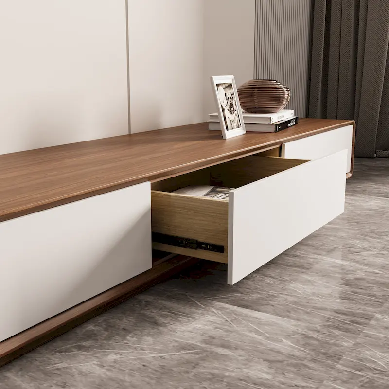 Modern Rectangular TV Stand with 4 Drawers, Wood Veneer Media Console, Walnut White, Soild Wooden, Fully-Assembled
