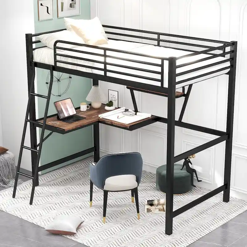 Modern Loft Bed with Desk and Storage Shelf, Heavy Duty Metal Loft Bed Frame with Safety Guardrails & Ladder for Kids Teens