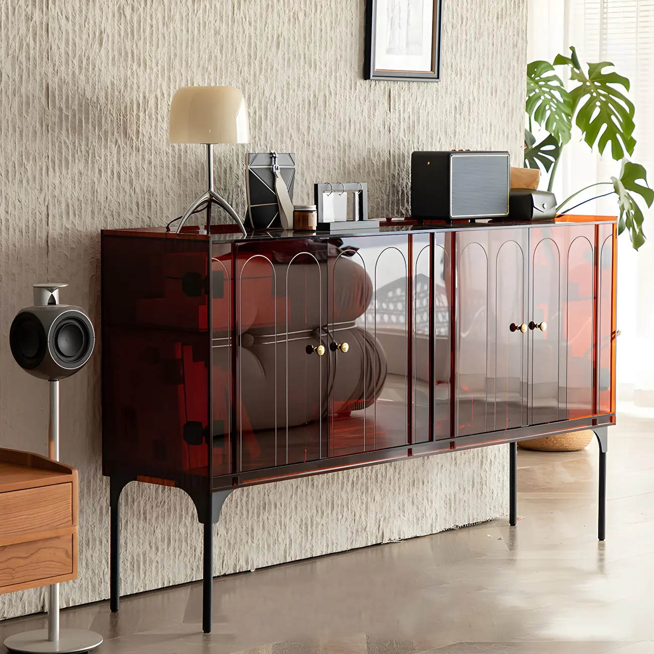 Modern Plastic/Acrylic Sideboard Cabinets with Shelves in Red