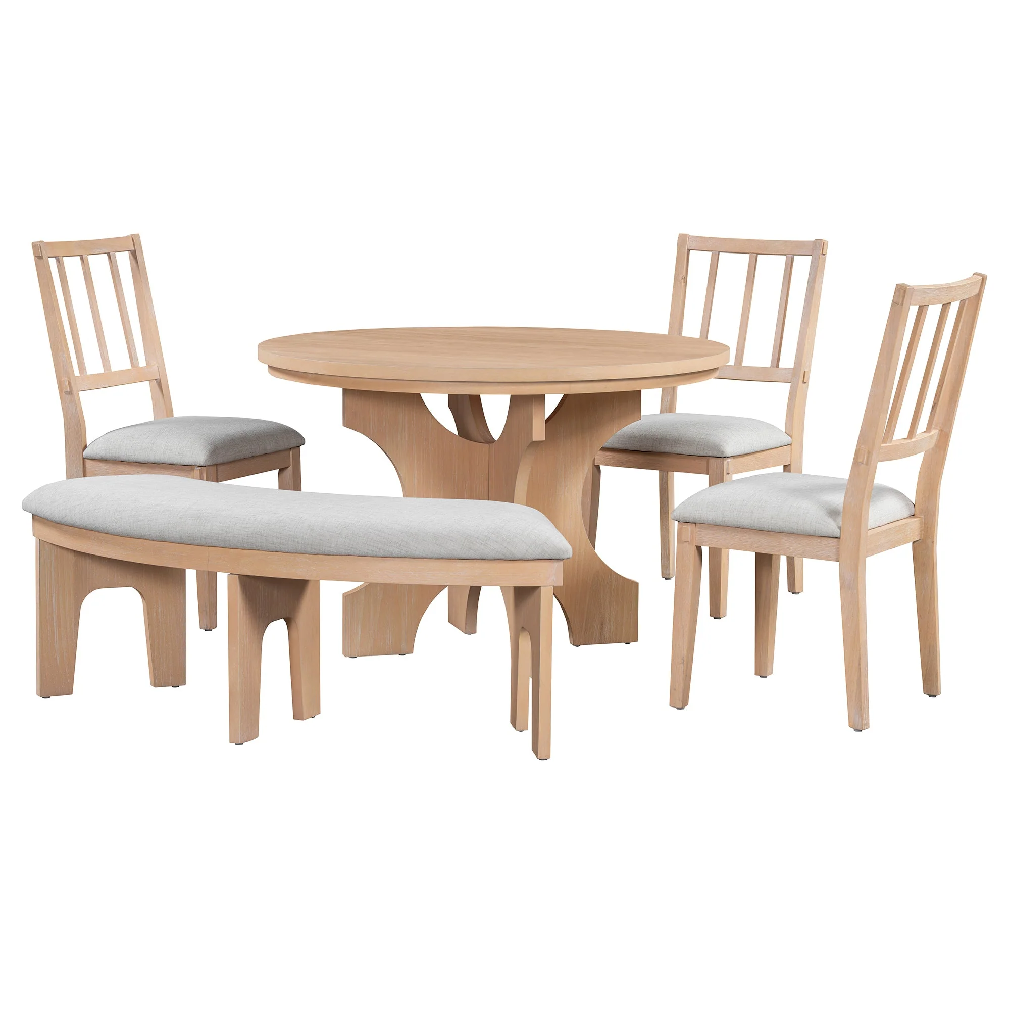 Walker Edison | Charming 5-Piece Rustic Round Dining Set with Chairs and Curved Bench
