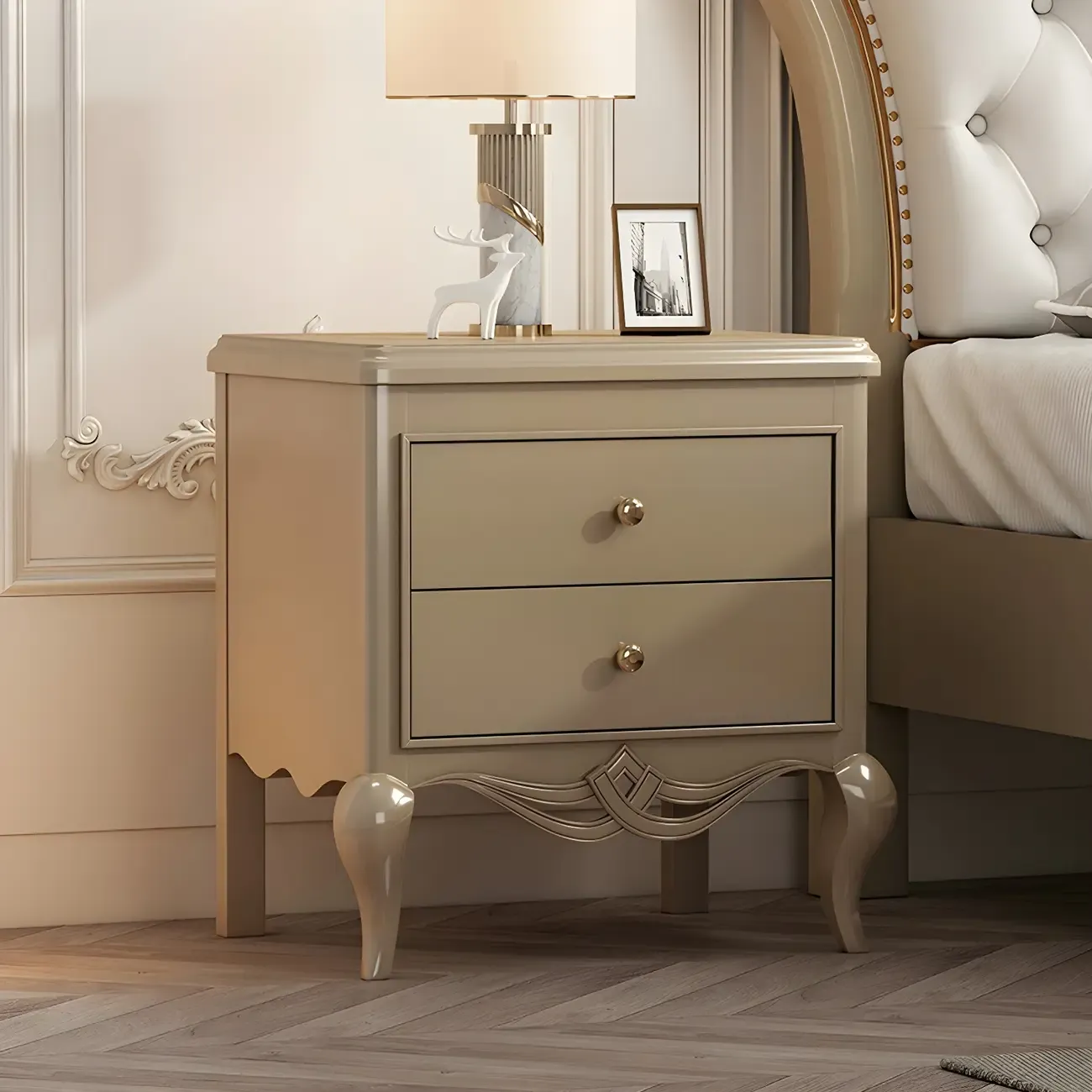 Glam Rubberwood White 2-Drawer Nightstand with Legs