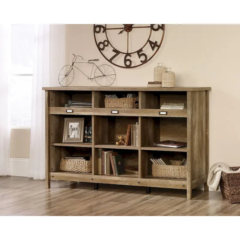 Craftsman Oak / Soft White Storage Credenza with 9 Cubbies & 3 Adjustable Shelves