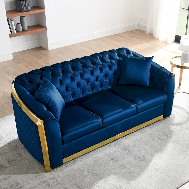84 Luxury Chesterfield Velvet Sofa with Gold Trim