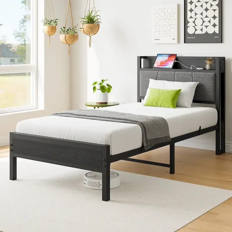 Grey Metal & Wood Twin Platform Bed Frame with Storage Headboard and Charging Station